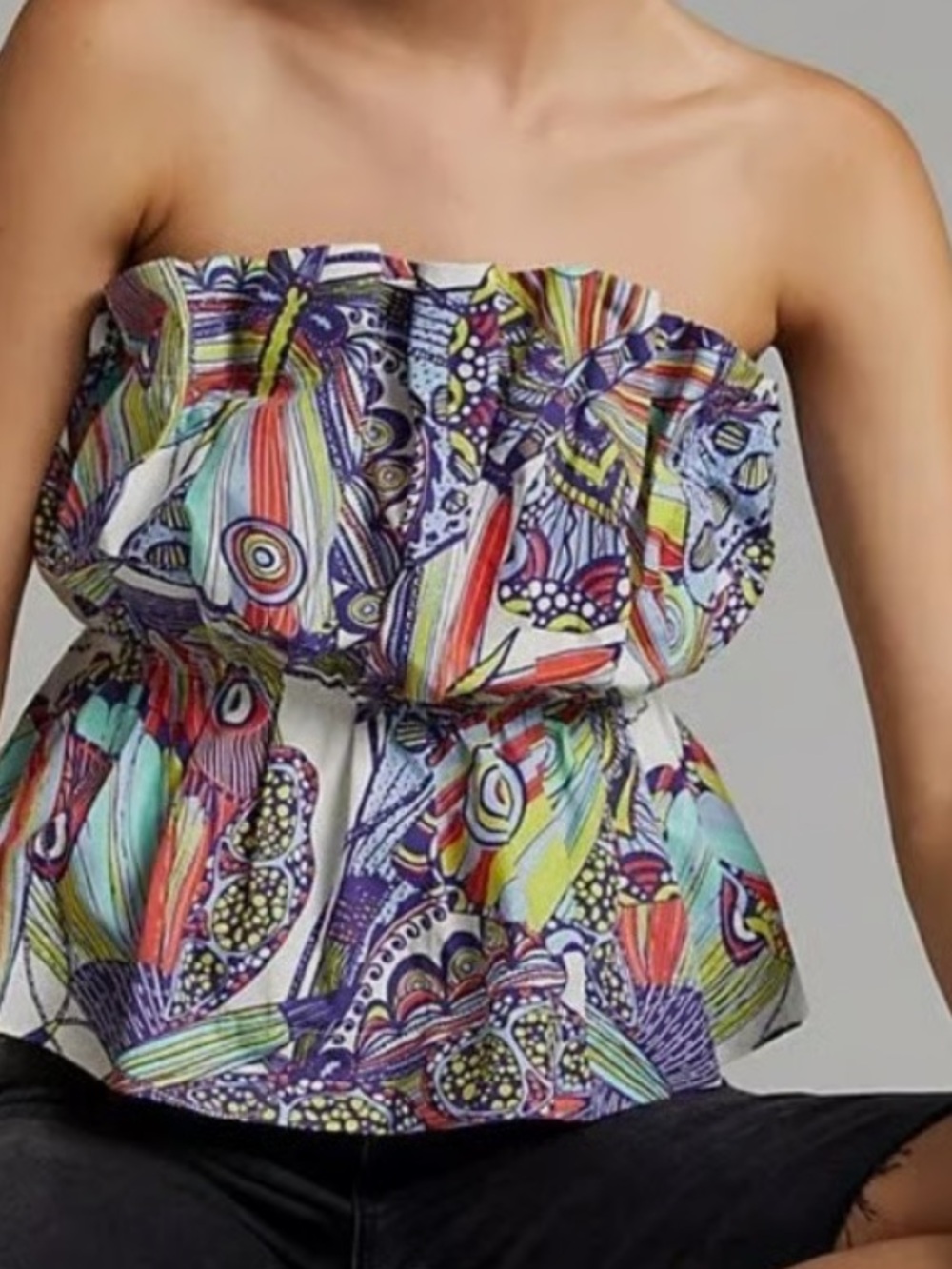 By Anthropologie Diana Abstract Ruffled Peplum Tube Top L